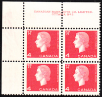 Canada 1963 MNH Sc #404 4c QEII Cameo Plate #2 UL - Plate Number & Inscriptions