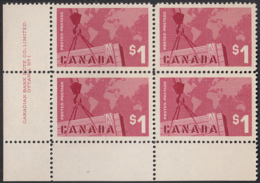 Canada 1963 MH Sc #411 $1 Canadian Exports Plate #1 LL - Plate Number & Inscriptions