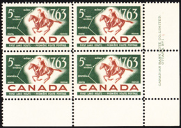 Canada 1963 MNH Sc #413 5c Postrider, Horse, Map Plate #1 LR - Plate Number & Inscriptions