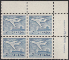 Canada 1964 MNH Sc #414 7c Jet Plane, Ottawa Plate #1 UR - Num. Planches & Inscriptions Marge