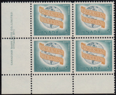 Canada 1964 MNH Sc #416 5c World Peace Plate #1 LL - Plattennummern & Inschriften