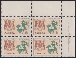 Canada 1964 MNH Sc #418 5c White Trillium Ontario Plate #1 UR - Plate Number & Inscriptions
