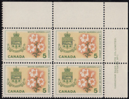 Canada 1964 MNH Sc #419 5c White Garden Lily Quebec Plate #1 UR - Plattennummern & Inschriften