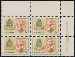 Canada 1964 MNH Sc #419 5c White Garden Lily Quebec Plate #1 UR - Plate Number & Inscriptions