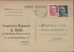 Entier Marianne Gzndon 5F Bleu G1f Storch Repiquage Commercial Coopérative Régionale Pharmaceutique De Blois + YT 806 - Overprinter Postcards (before 1995)