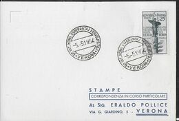 ITALIA - ANNULLO SPECIALE " INT. KONG. ESPERANTAJ FERVOJISTOJ* 5.5.1954* VERONA" SU CARTOLINA - ELICOTTERO ISOLATO - Esperanto