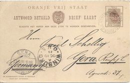 Brief Kaart Antwoord Betaald  Zand Rivier - Winburg - Gera             1898 - Stato Libero Dell'Orange (1868-1909)