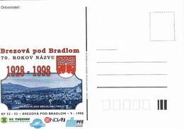 Slovakia, Occasional Correspondence Card 1928-1998, 70 Rokov Názvu Brezová Pod Bradlom, Tirage 200 Pieces - Postales