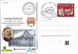 Slovakia, Occasional Correspondence Card Samuel Jurkovič's 200th Birthday, Pioneer Of Cooperatives, Tirage 200 Pieces - Postcards