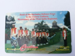 BARBADOS   $40-  Gpt Magnetic     BAR-216A  216CBDA  DEFENCE FORCE BAND   LOGO   Very Fine Used  Card  ** 2910** - Barbados
