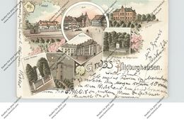 0-6110 HILDBURGHAUSEN, Lithographie 1898, Bahnhof, Kaserne, Postamt, Markt, Denkmäler, Aussichtsturm - Hildburghausen