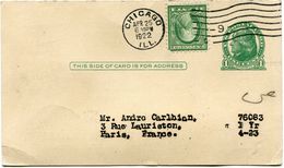 ETATS-UNIS ENTIER POSTAL AVEC AFFRANCHISSEMENT COMPLEMENTAIRE DEPART CHICAGO APR 25 1922 POUR LA FRANCE - 1921-40