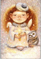 Pretty Little Girl Angel And OWL Candle By Olkhovskaya Russian Modern Postcard - Zonder Classificatie
