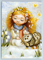 Little Girl With OWL Snowdrops Bird By Olkhovskaya Russian Modern Postcard - Zonder Classificatie