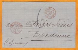 1867 - Enveloppe Pliée D'Amsterdam, Pays Bas Vers Bordeaux, France Via Valenciennes Et Paris - Storia Postale