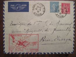 France 1939 1ere Liaison Aerienne De Nuit Enveloppe Cover Air Mail Par Avion Paris Etranger à Aviso Rigault De Genouilly - 1960-.... Storia Postale