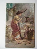 ZATZKA     JEUNE  FEMME  A  LA  HARPE    ET  ANGELOT  ...  .      TTB - Zatzka