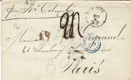 1869- Enveloppe De New York Par" Ss Colombo" Taxe 24 D Tampon Entrée 3 ETATS-UNIS 3 SERV..AM. CALAIS Bleu - Legerstempels (voor 1900)