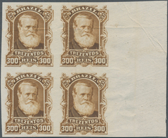 Brasilien: 1878-79, 300 R. Bister Imperf Block Of Four On White Wove Paper, Mint No Gum, Right Corne - Unused Stamps