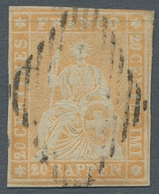 Schweiz: 1855, 20 R. Orangegelb Auf Dünnem Papier, Grüner Seidenfaden Ganz Oben, Zentr. Zarter Raute - Used Stamps