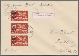 Schweiz: 1935, 10 A. 15c Flugpostmarke Mit Mattem Aufdruck, Senkrechter 3er-Streifen Als Mef.auf Flu - Covers & Documents