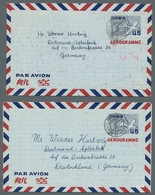 Japan - Ganzsachen: 1953-1985, Partie Von Fünf Gebrauchten Aerogramm-Ganzsachen, Darunter Die Ausgab - Cartes Postales