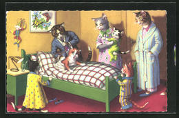 AK Vermenschlichte Katzen Am Bett Eines Kranken - Katzen