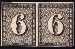 1843 Ungebrauchte Zürich 6 Im Waagrechten Paar, Waagrechter Roter Linien-Unterdruck. Typen III Und IV. Ohne Gummi, Voll- - 1843-1852 Federal & Cantonal Stamps