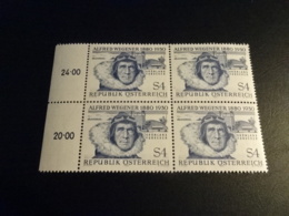 K33307  -  Stamp  In Bloc Of 4  MNH Austria - Osterreich 1980 -  SC.1169 - Alfred Wegener - 1971-80 Unused Stamps