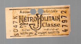 Paris : Ticketde Métro  "J"   (2e Classe) Valable Pouir 2 Voyages Successifs (PPP23594) - Europe