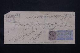 INDE - Lettre En Recommandé De Sambhar En 1889, Affranchissement Victoria, Cachet De Abu Au Dos  - L 65989 - 1882-1901 Empire