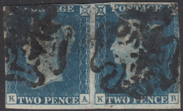 Great Britain 1840 Used Sc #2 2p Victoria, Blue Pair Position KA, KB Tear - Oblitérés