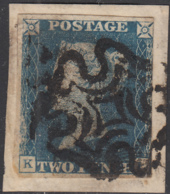 Great Britain 1840 Used Sc #2 2p Victoria, Blue Position K? On Piece - Oblitérés