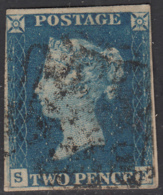 Great Britain 1840 Used Sc #2 2p Victoria, Blue Position SF On Piece - Usati