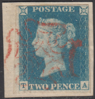 Great Britain 1840 Used Sc #2 2p Victoria, Light Blue Position TA On Piece - Gebruikt