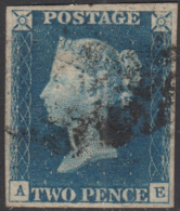 Great Britain 1840 Used Sc #2 2p Victoria, Blue Position AE 4 Margins - Usati