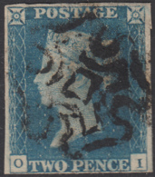 Great Britain 1840 Used Sc #2 2p Victoria, Blue Position OI 4 Margins - Oblitérés