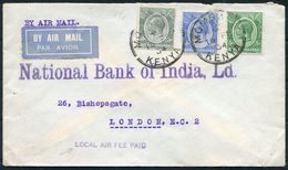 1934 Kenya Bank Of India Airmail Cover Mombassa - London. Wilson Airways - Nairobi Feeder Flight, "Local Air Fee Paid" - Kenya & Uganda