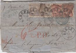 NORWAY. SCARCE COVER. 3 11 1871. (3 SKILL X 2) + (8 SKILL X 2) BERGEN TO RODEZ FRANCE. RED. PD AND DUE 6.   / 4287 - Brieven En Documenten