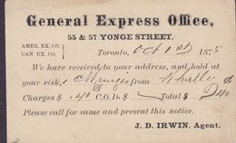 Canada Postal Stationery Ganzsache Victoria PRIVATE Print GENERAL EXPRESS OFFICE, TORONTO 1875 (2 Scans) - 1860-1899 Reinado De Victoria