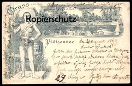 ALTE LITHO POSTKARTE GRUSS VON DER KÖNIGLICHEN MILITÄR-SCHWIMMANSTALT PLÖTZENSEE BERLIN Mann Man Boy Semi Nude Cpa AK - Plötzensee