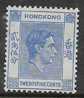 Hong Kong, GVIR, 1948, 25 Cents Bright Blue,  MH * - Neufs
