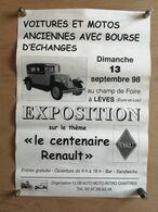 AFFICHE 1998 CENTENAIRE RENAULT EXPOSITION VOITURES ET MOTOS ANCIENNES AU CHAMP DE FOIRE A LEVES EURE ET LOIR - Voitures