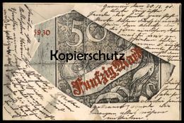 ALTE POSTKARTE GELDSCHEIN 50 MARK REICHSKASSENSCHEIN Um 1882 Money Monnaie Billet De Banque Bank Note Geld Cpa Postcard - Münzen (Abb.)