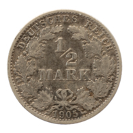 GERMANY - EMPIRE - 1/2 Mark - 1905 - J - Hamburg - Silver - #DE006 - 1/2 Mark