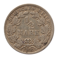 GERMANY - EMPIRE - 1/2 Mark - 1906 - F - Stuttgart - Silver - #DE010 - 1/2 Mark