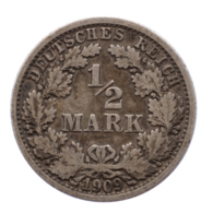 GERMANY - EMPIRE - 1/2 Mark - 1909 - F - Stuttgart - Silver - #DE016 - 1/2 Mark