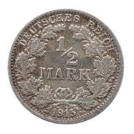 GERMANY - EMPIRE - 1/2 Mark - 1915 - F - Stuttgart - Silver - #DE024 - 1/2 Mark