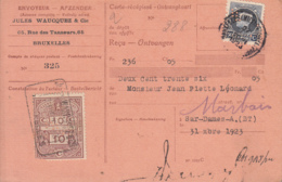 Belgique N° 211 Perforé "Jules Waucquez & Cie" ° Bruxelles Midi-Brussel Zuijd  Sur Carte Récipissé Avec Timbre Fiscal - 1921-1925 Montenez Pequeño