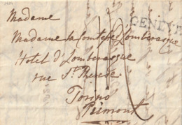 1821 - LAC De GENEVE Pour TURIN En Port Dû - MARQUE POSTALE 31X6.5  POUR  LA COMTESSE DE LOMBESASQUE - Poststempel